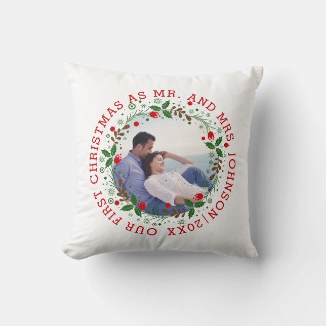 First Christmas as Mr and Mrs red wreath photo Cushion (Front)