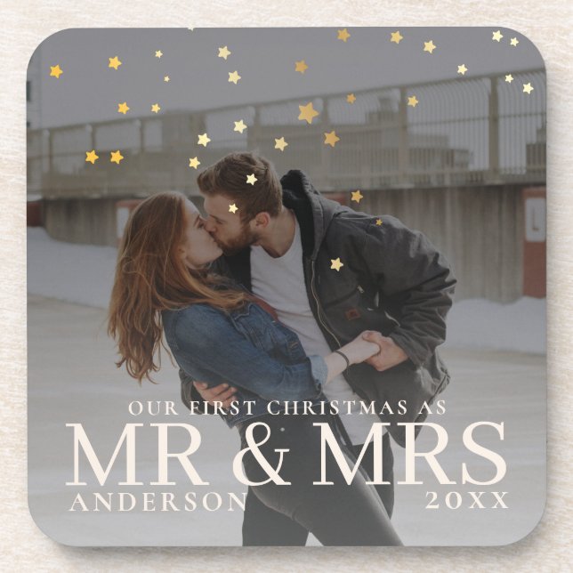 First Christmas as Mr and Mrs Romantic Couple Phot Coaster (Front)