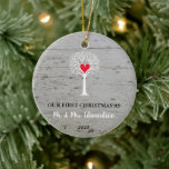 First Christmas as Mr and Mrs rustic love tree Ceramic Ornament<br><div class="desc">Our first Christmas as Mr. and Mrs. Name,  ornament.
Rustic dark wood background with white love tree illustration. 
Beautiful ornament to decorate you christmas tree.
You can personalise it and add your own text,  name and year.</div>