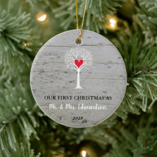 First Christmas as Mr and Mrs rustic love tree Ceramic Ornament
