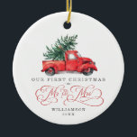 First Christmas as Mr and Mrs / Vintage Red Truck Ceramic Ornament<br><div class="desc">This vintage inspired Christmas ornament features gorgeous watercolor illustration of a red truck carrying a pine tree. The text fields are fully editable except for the word "Christmas". Simply remove this word by clicking the delete button and add your own text if you require a different word.</div>