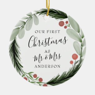First Christmas as Mr and Mrs Wreath Holiday Ceramic Ornament