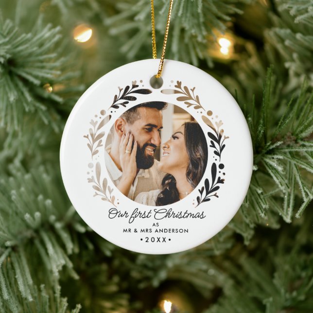 First Christmas As Mr & Mrs 2-Photo Cutout Simple Ceramic Ornament (Tree)
