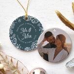 First Christmas As Mr. & Mrs. | Back Photo Ceramic Ornament<br><div class="desc">Commemorate your first married Christmas with this festive personalised ornament that displays your names and the year along with "our first Christmas as Mr. & Mrs." (or your choice of titles) surrounded by a border of white snow. Add a wedding photo to the reverse side.</div>
