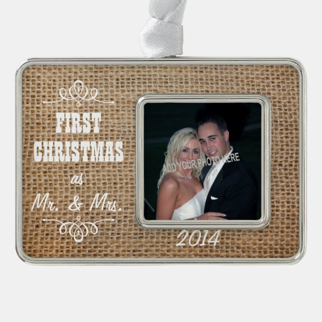 First Christmas as Mr. & Mrs. Burlap Silver Plated Framed Ornament (Front)