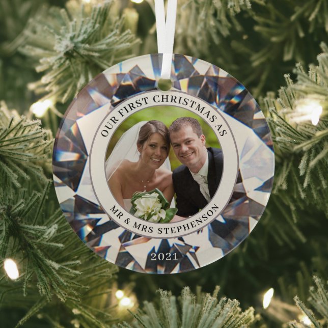 FIRST CHRISTMAS AS MR MRS Elegant Diamond Photo Glass Tree Decoration (Insitu)