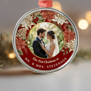 First Christmas as Mr. & Mrs. Floral Photo Metal Ornament