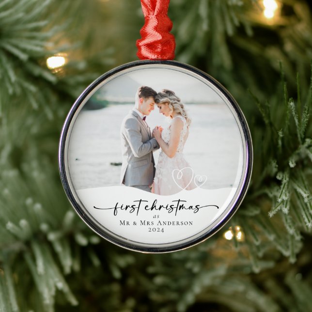 First Christmas as Mr & Mrs Hearts Photo Metal Ornament (Tree)