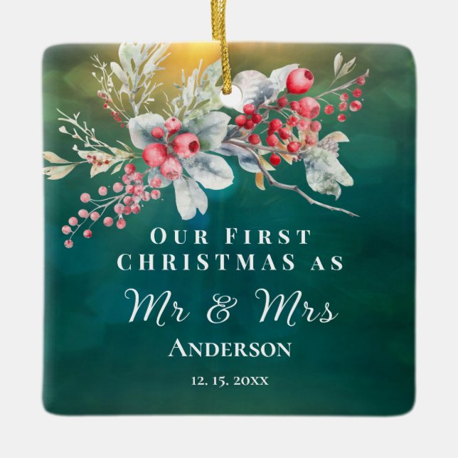 First Christmas as Mr & Mrs Inspirational Wedding Ceramic Ornament (Front)