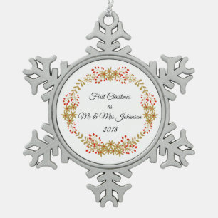 First Christmas as Mr & Mrs Johanson Custom Name Snowflake Pewter Christmas Ornament