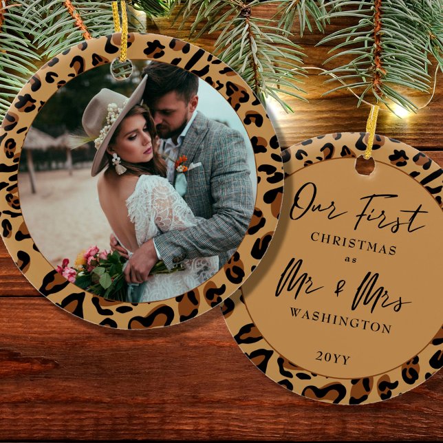  First Christmas as Mr & Mrs Leopard Print Photo Ceramic Ornament (Creator Uploaded)