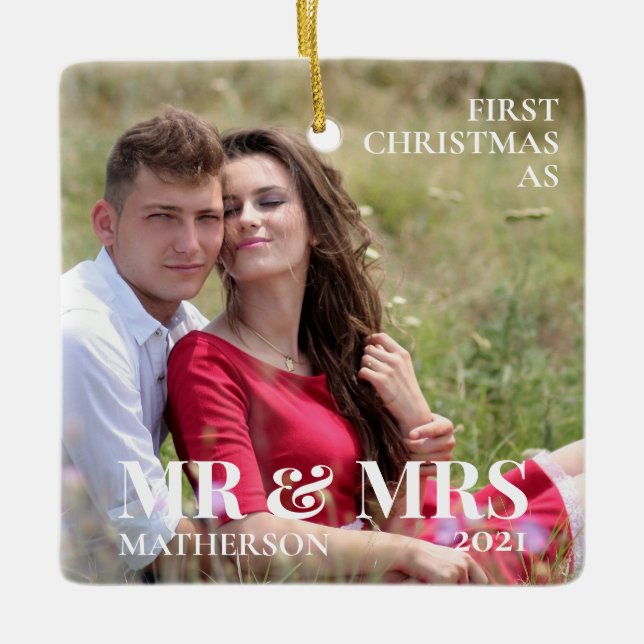 First Christmas as Mr & Mrs Minimalist Photo Ceramic Ornament (Front)