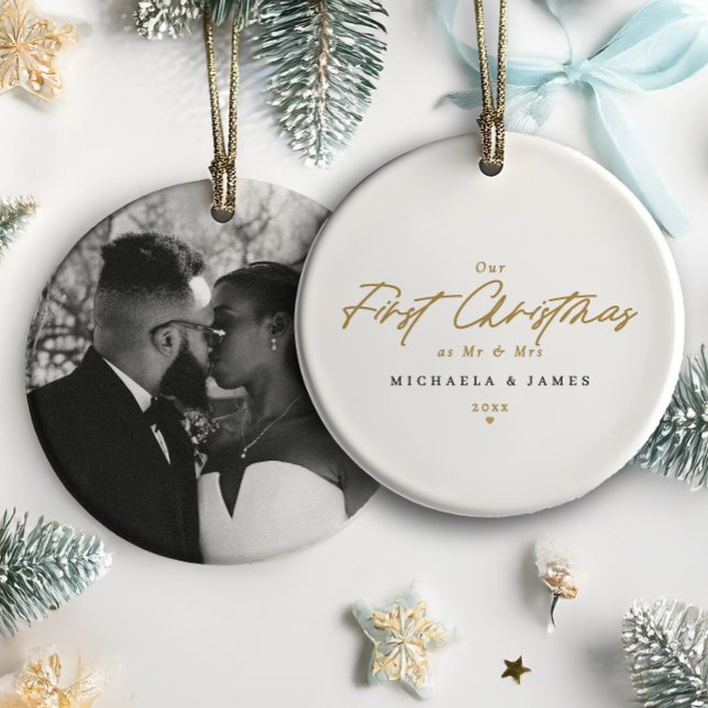 First Christmas As Mr & Mrs Newlywed Photo Modern Ceramic Ornament (Creator Uploaded)