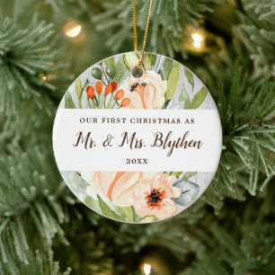 First Christmas As Mr Mrs Personalised Greenery Ceramic Ornament