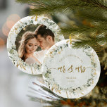 First Christmas As Mr & Mrs Photo Ceramic Ornament<br><div class="desc">Cherish your first memories together with this lovely Christmas ornament. The elegant design features a eucalyptus wreath with gold accents. The front features your favourite photo. The back includes your name and wedding date. This ornament will be a keepsake to treasure forever.</div>