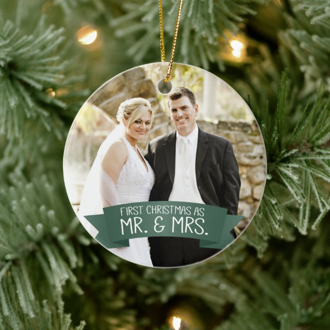 First Christmas as Mr. & Mrs. Photo Dark Green Ceramic Ornament (Tree)