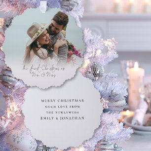 First Christmas as Mr Mrs Photo Overlay Script Tree Decoration Card