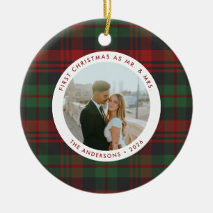 First Christmas as Mr. & Mrs. Plaid Photo Holiday Ceramic Ornament