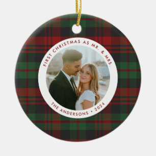 First Christmas as Mr. & Mrs. Plaid Photo Holiday Ceramic Ornament