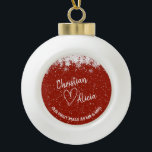 First Christmas as Mr & Mrs Red Ceramic Ornament<br><div class="desc">Personalised Christmas ornament with "Our first xmas as Mr and Mrs" lettering on the front. Dark red background looks very festive with white snowflakes frame! All text is editable. If you need to make futher changes to the design,  click on "Customise futher"</div>