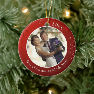 First Christmas as MR & MRS Red Snowflake 2 Photo Ceramic Ornament