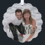 First Christmas as Mr Mrs script photo name green Tree Decoration Card<br><div class="desc">Modern funny dark red and green script first Christmas together as Mr. and Mrs. keepsake tree ornament card template. Easy to personalise on the backside with your text,  names,  and date.</div>