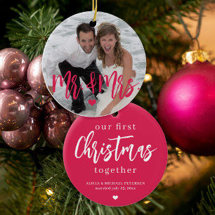 First Christmas as Mr & Mrs script photo name pink Ceramic Ornament