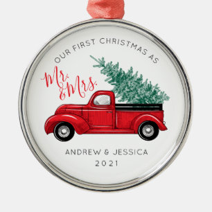First Christmas as Mr. & Mrs.   Vintage Red Truck Metal Ornament