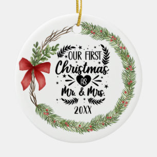 First Christmas as Mr. & Mrs. Watercolor Wreath Ceramic Ornament