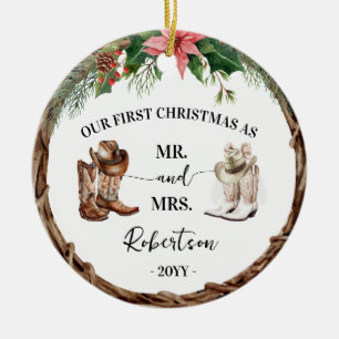First Christmas as Mr & Mrs Western Cowboy Cowgirl Ceramic Ornament