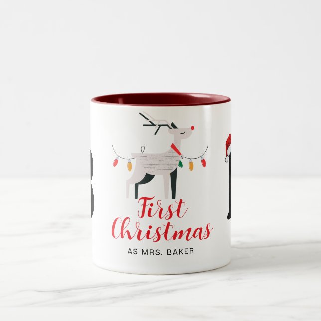 First Christmas As Mrs. Family Monogrammed Name Two-Tone Coffee Mug (Center)