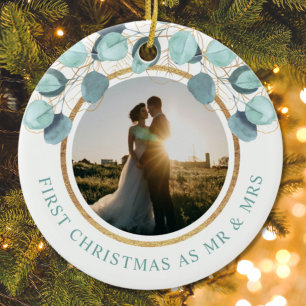 First Christmas As Mrs & Mrs Eucalyptus Gold Photo Ceramic Ornament