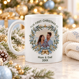 First Christmas as Mum and Dad Blue Gold Snowflake Coffee Mug