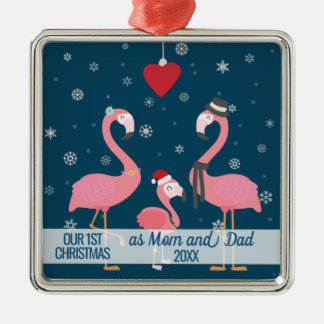 first Christmas as Mum and Dad flamingo snowflakes Metal Ornament