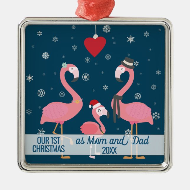 first Christmas as Mum and Dad flamingo snowflakes Metal Ornament (Front)