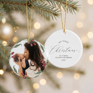 First Christmas as Mum Christmas Botanical Wreath Ceramic Ornament