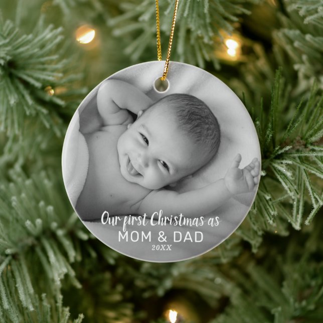 First Christmas As Mum & Dad | Baby Photo Ceramic Ornament (Tree)