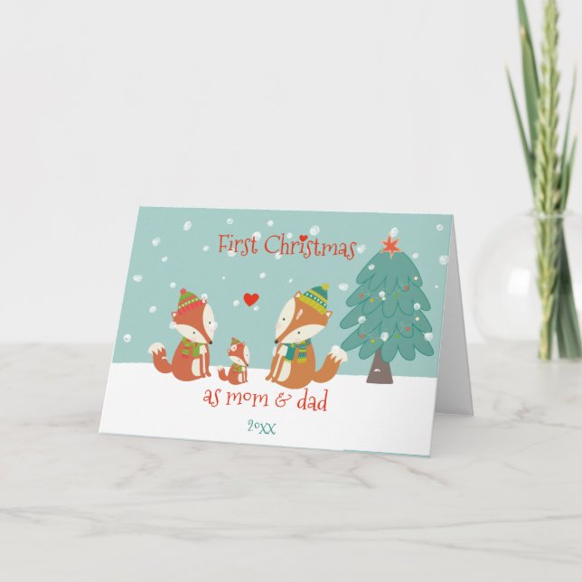 First Christmas as Mum & Dad - Cute Woodland Foxes Card (Front)