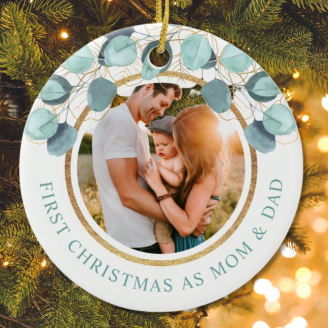 First Christmas As Mum & Dad Eucalyptus Gold Photo Ceramic Ornament (Creator Uploaded)