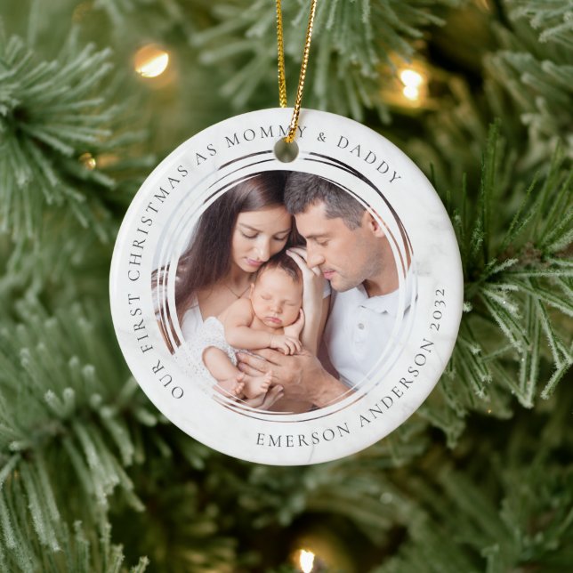 First Christmas as Mummy and Daddy Marble Photo Ceramic Ornament (Tree)