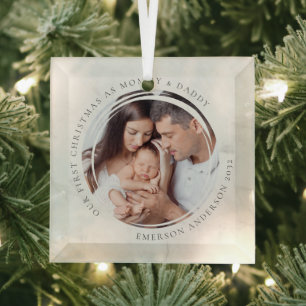 First Christmas as Mummy and Daddy Marble Photo Glass Tree Decoration