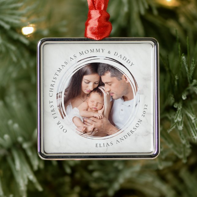 First Christmas as Mummy and Daddy Marble Photo  Metal Ornament (Tree)