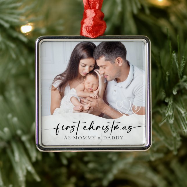 First Christmas as Mummy and Daddy Marble Photo  Metal Ornament (Tree)