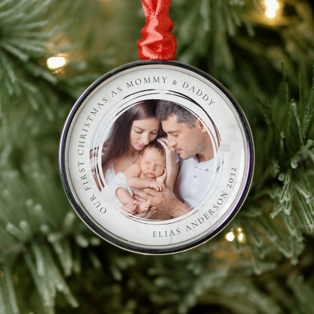 First Christmas as Mummy and Daddy Marble Photo  Metal Ornament (Tree)