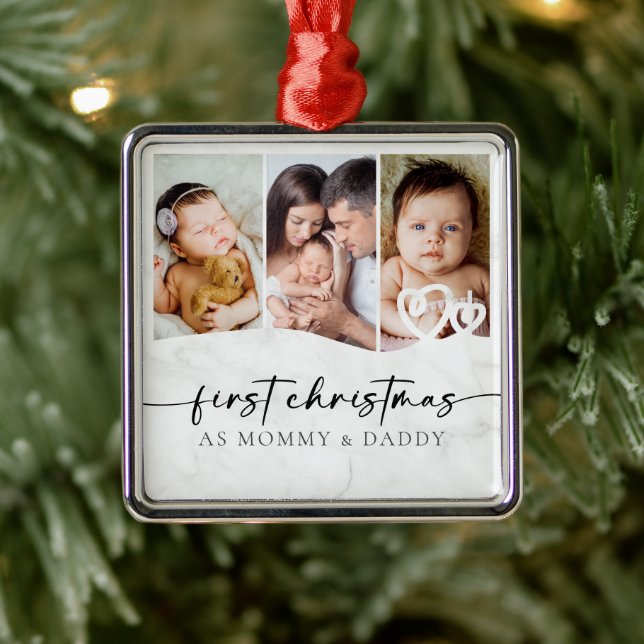 First Christmas as Mummy and Daddy Marble Photo  Metal Ornament (Tree)
