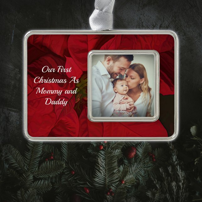 First Christmas As Mummy Daddy Photo Personalise Silver Plated Framed Ornament (Creator Uploaded)