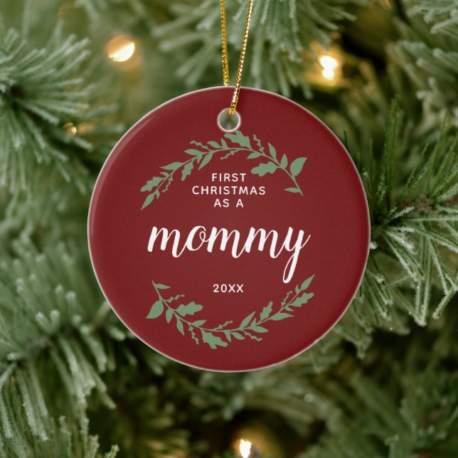 First Christmas As Mummy Personalised Red & Green Ceramic Ornament (Tree)