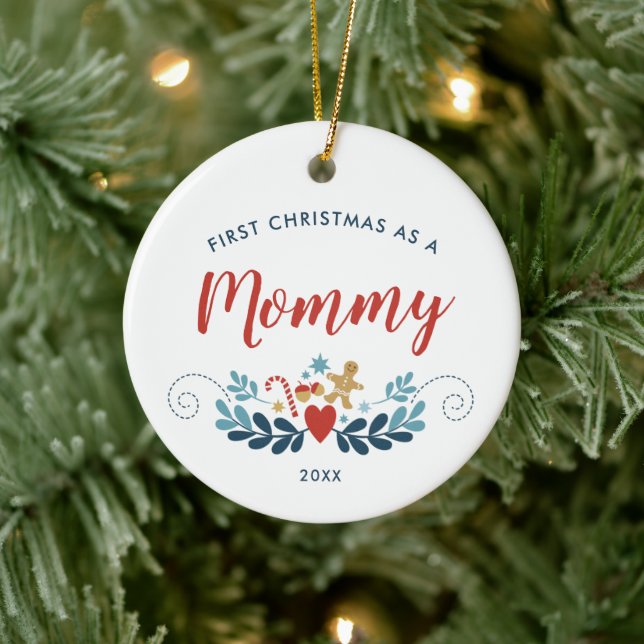First Christmas As Mummy Personalised Scandi Folk Ceramic Ornament (Tree)