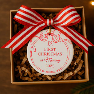 First Christmas as Mummy Red Bow Line Art Ceramic Ornament