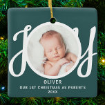 First Christmas As Parents Photo Green Keepsake Ceramic Ornament<br><div class="desc">This keepsake First Christmas As Parents photo ornament is decorated with the word JOY in stylish script typography on a green background. Easily customisable.</div>